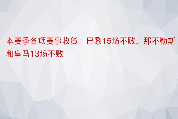 本赛季各项赛事收货：巴黎15场不败，那不勒斯和皇马13场不败